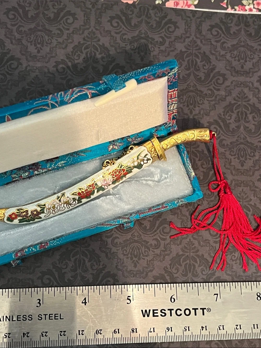 Decorative Gold-Tone Mini Scimitar Letter Opener with Red Tassel